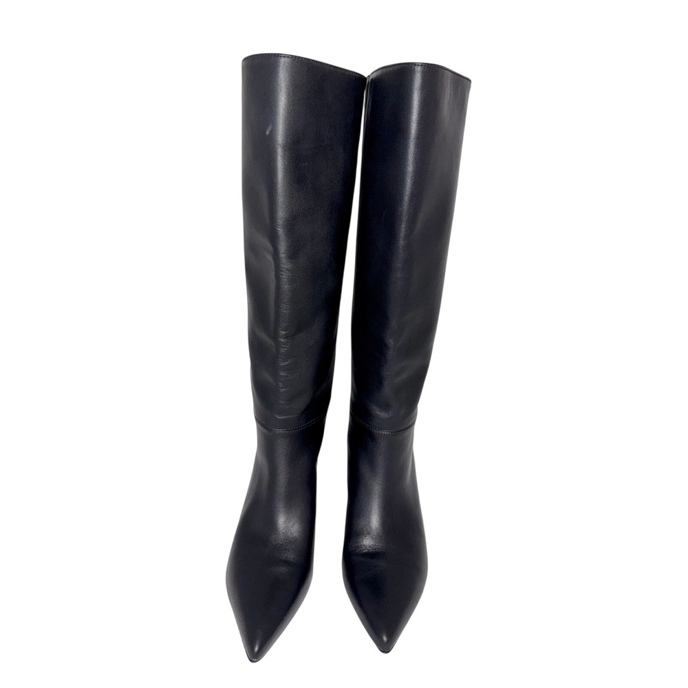 Veronica Beard Black Leather Wide Calf Knee High Kitten Heel Boots Womens 6M - Picture 2 of 9